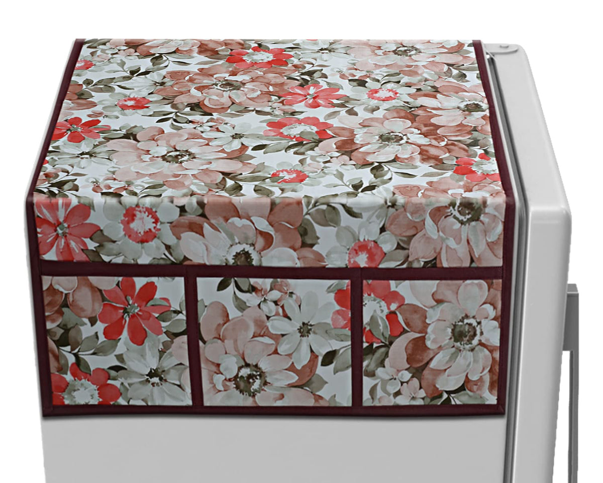 Heart Home Flower Printed PVC Fridge Top Cover with 6 Utility Side Pockets (Pink)