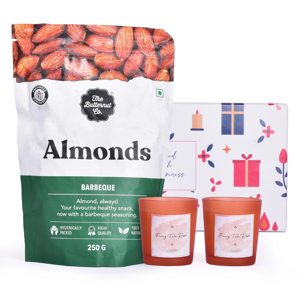 Gleevers Indulgent Delights Gift for Housewarming & Diwali|Gift Box of 3 with Almond(250 g) & 2 Candles (Fairy Tale Rose,60 g)|Gift for Housewarming,Dry Fruits Gift Pack,Diwali Gift
