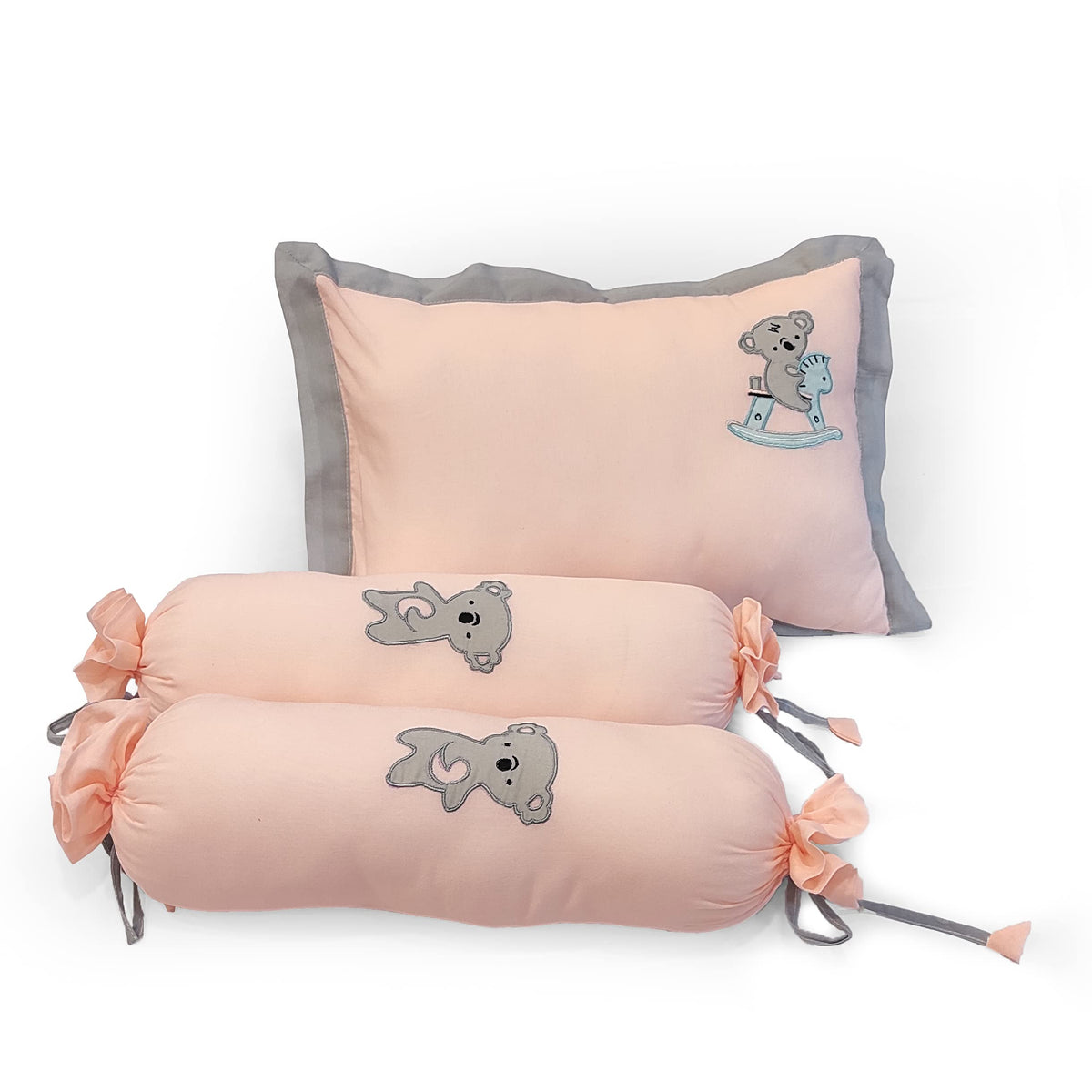 The White Cradle Cot Pillow + 2 Bolsters Set with Fillers - Organic Cotton Fabric, Protective Comfort, Softest Fiber Filling - Pink Koala