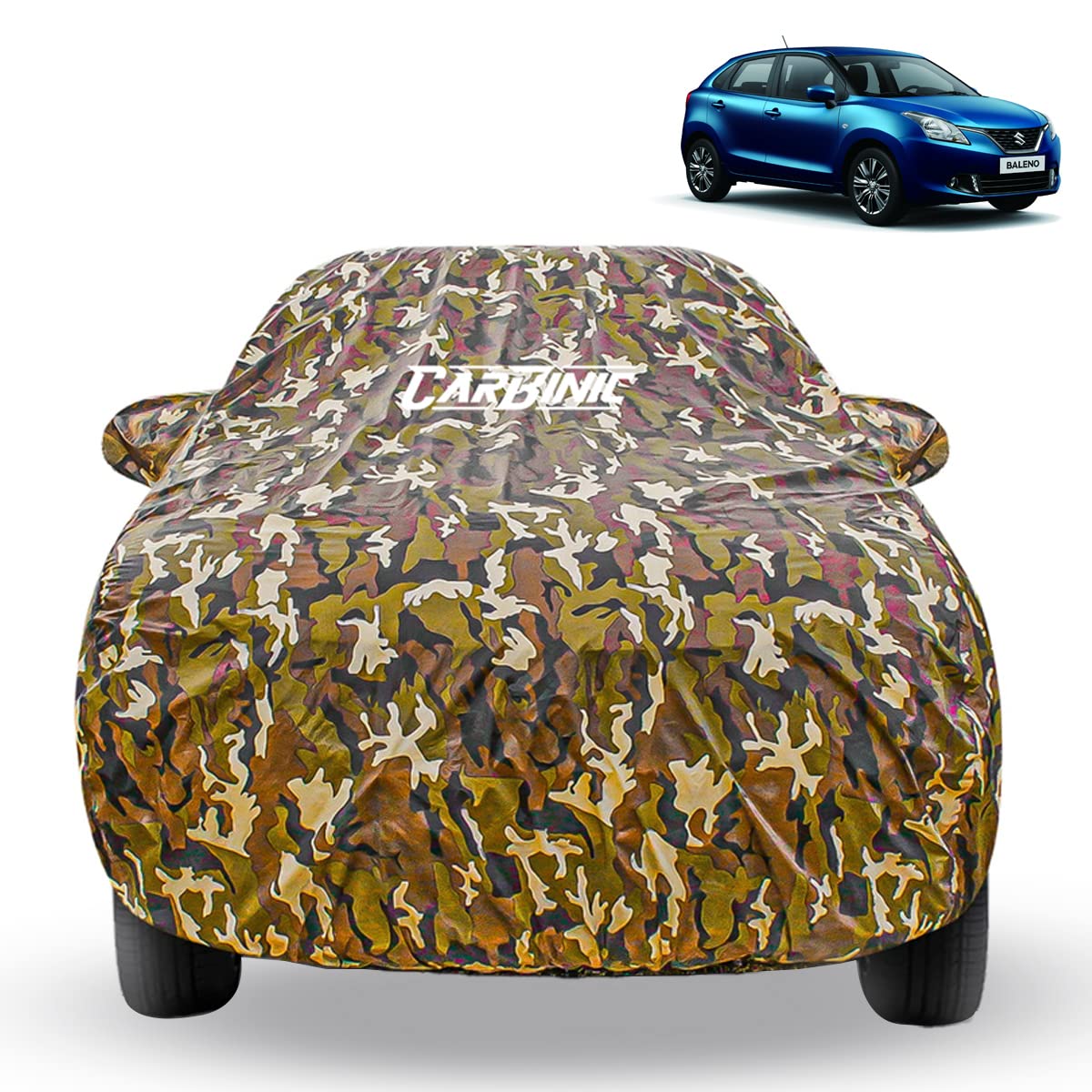 CarBinic Car Cover for Maruti Baleno 2022 Waterproof (Tested) and Dustproof Custom Fit UV Heat Resistant Outdoor Protection with Triple Stitched Fully Elastic Surface | Jungle with Pockets (Jungle)