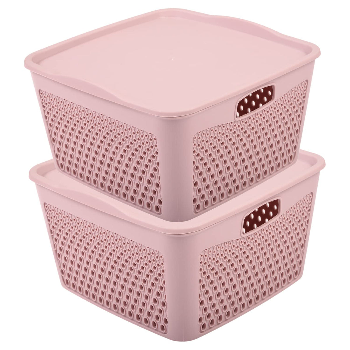 Kuber Industries Netted Design Unbreakable Multipurpose Square Shape Plastic Storage Baskets with lid Small Pack of 2 (Grey)
