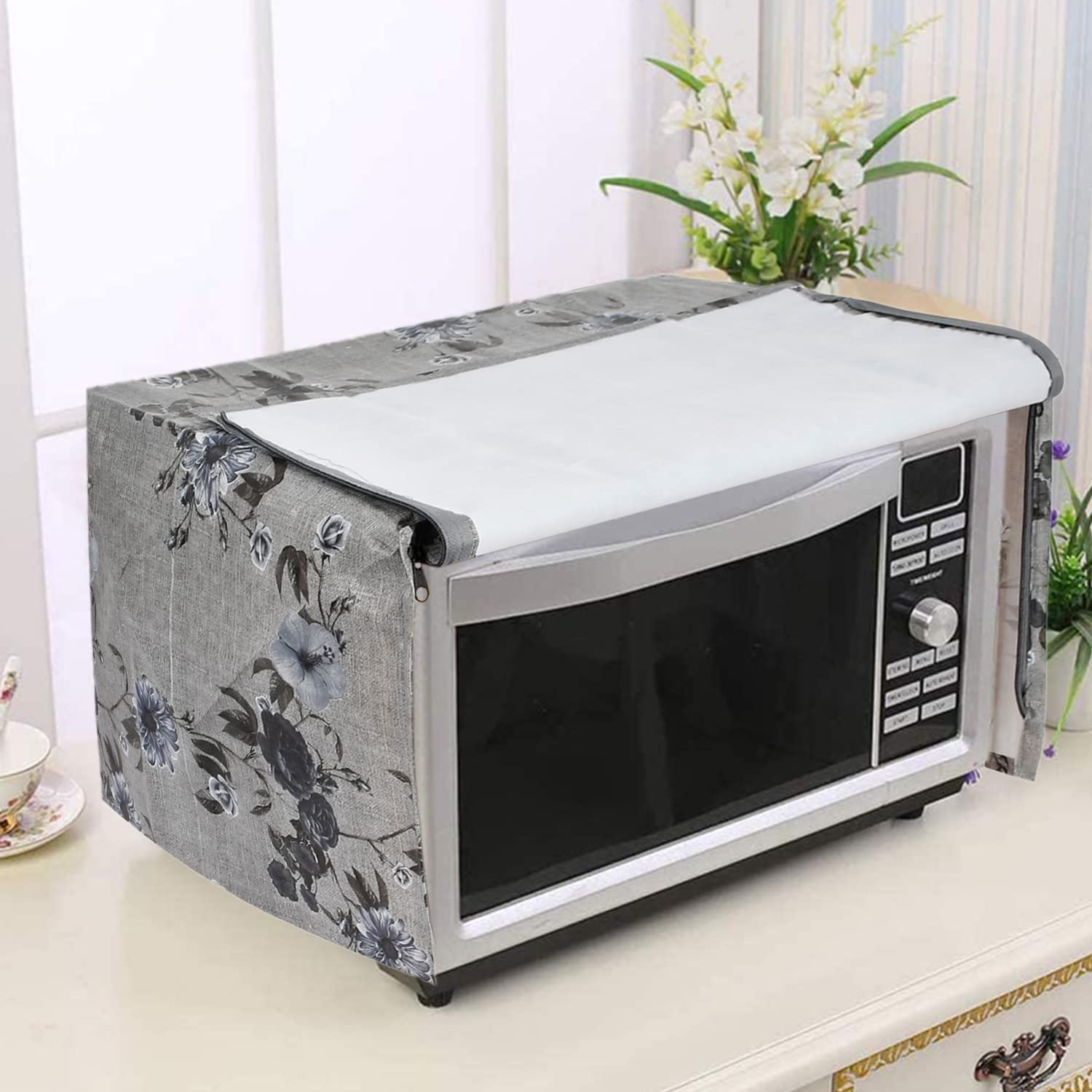 Kuber Industries PVC Flower Printed Microwave Oven Cover,30 LTR. (Grey)-50KM01264