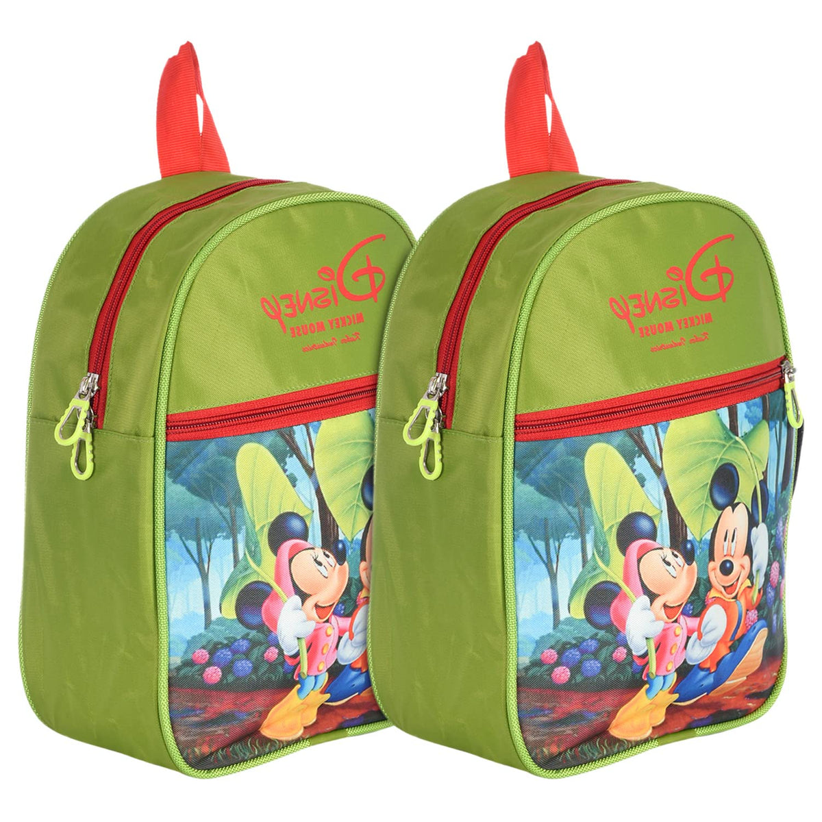 Kuber Industries Mickey & Minnie Print Kids Backpack Bag for School, Travel, Casual, Picnics Pack of 2 (Green)