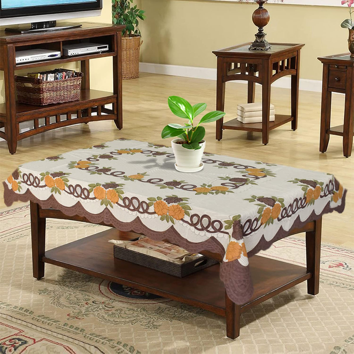 Kuber Industries Flower Printed Cotton 4 Seater Center Table Cover,40"x60" (Cream & Brown)-44KM091