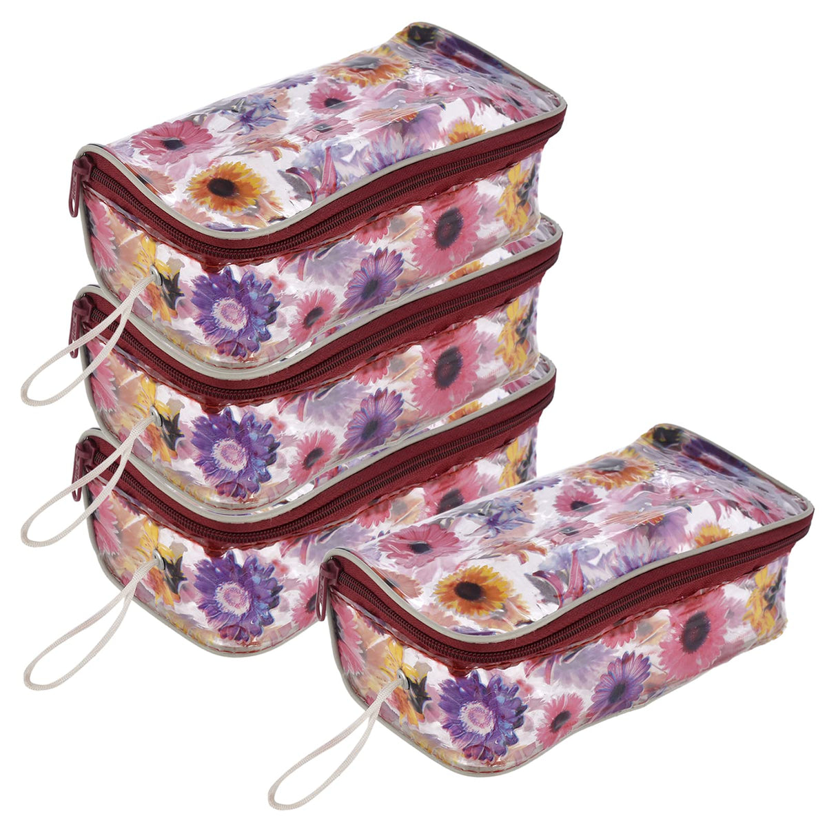 Kuber Industries Flower Printed Tranasparent PVC Makeup Organizing Bag, Travel Toiletry Pouch With Carrying Strip- Pack of 4 (Multicolor)-44KM0602