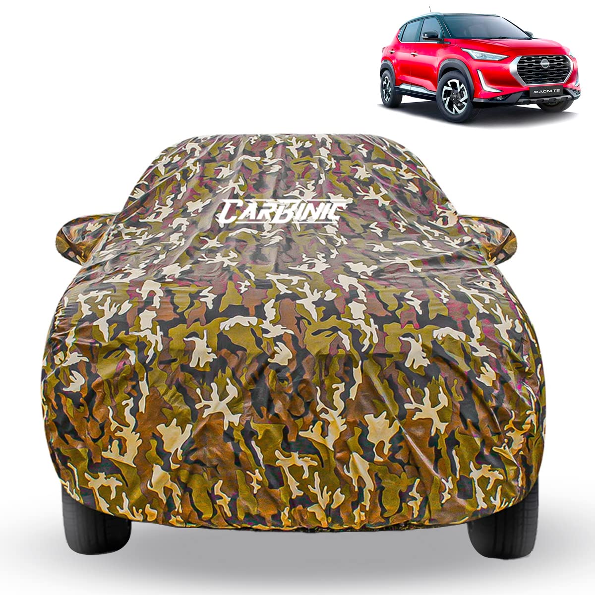 CARBINIC Car Cover for Nissan Magnite 2022 Waterproof (Tested) and Dustproof Custom Fit UV Heat Resistant Outdoor Protection with Triple Stitched Fully Elastic Surface | Jungle with Pockets (Jungle)