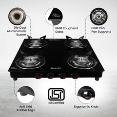 Candes Manual Ignition Gas Stove 4 Burners Die Cast Alloy Tornado Burner | 6mm Powdered Toughened Glass Top | Nylon Ergonomics Knob | LPG Compatible | ISI Certified | 1 Yr Warranty | Black