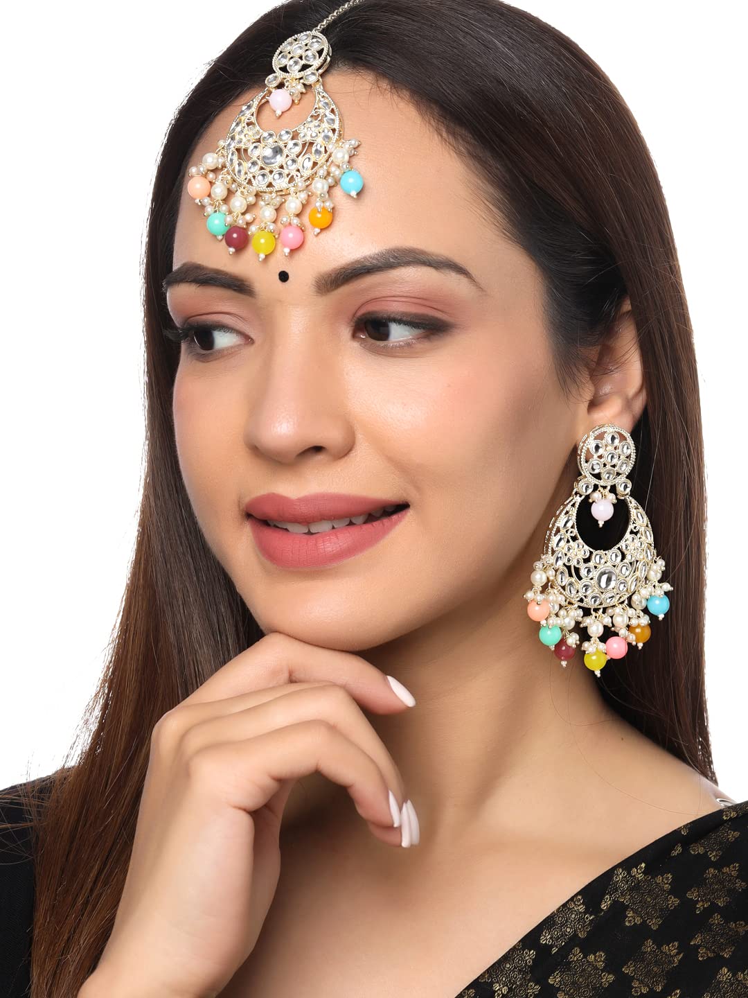 Yellow Chimes Earrings for Women Gold Toned Kundan Studded Multicolor Beads Drop Chandbali Designed Earrings and Maang Tikka Set for Women and Girls