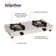 Surya Flame Double Cook LPG Gas Stove | Manual 2 Burner Gas Stove Stainless Steel Body | Durable Brass Burners | Rust Free | 2 Years Complete Doorstep Warranty