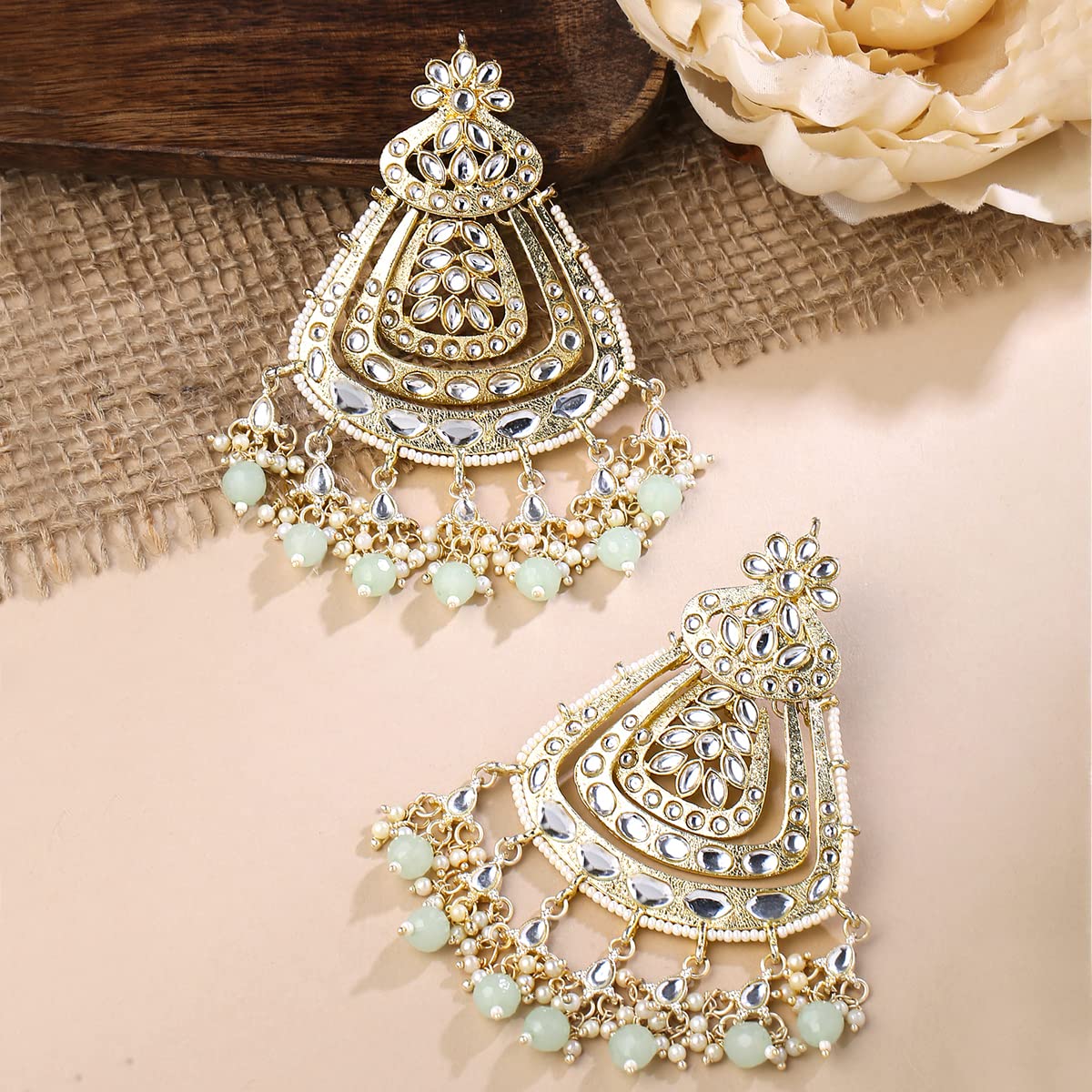 Meena Chandbali Earrings Gold Henna Green Color – Kalash Cards