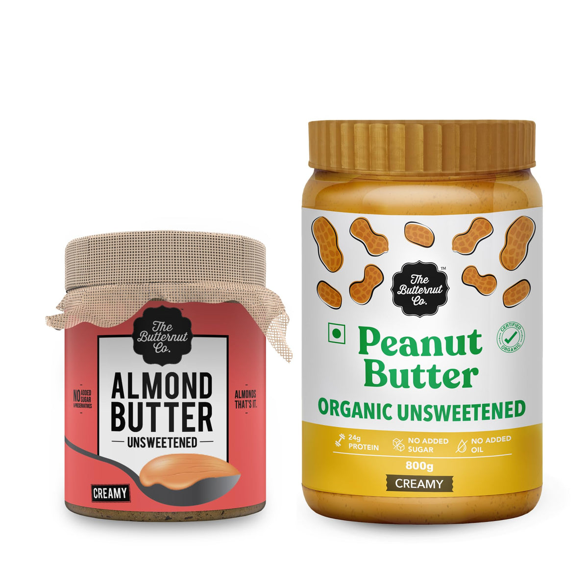 The Butternut Co. Unsweetened Almond Butter Creamy 200 gms & Organic Unsweetened Peanut Butter Creamy 800g - 1kg Combo Value Pack