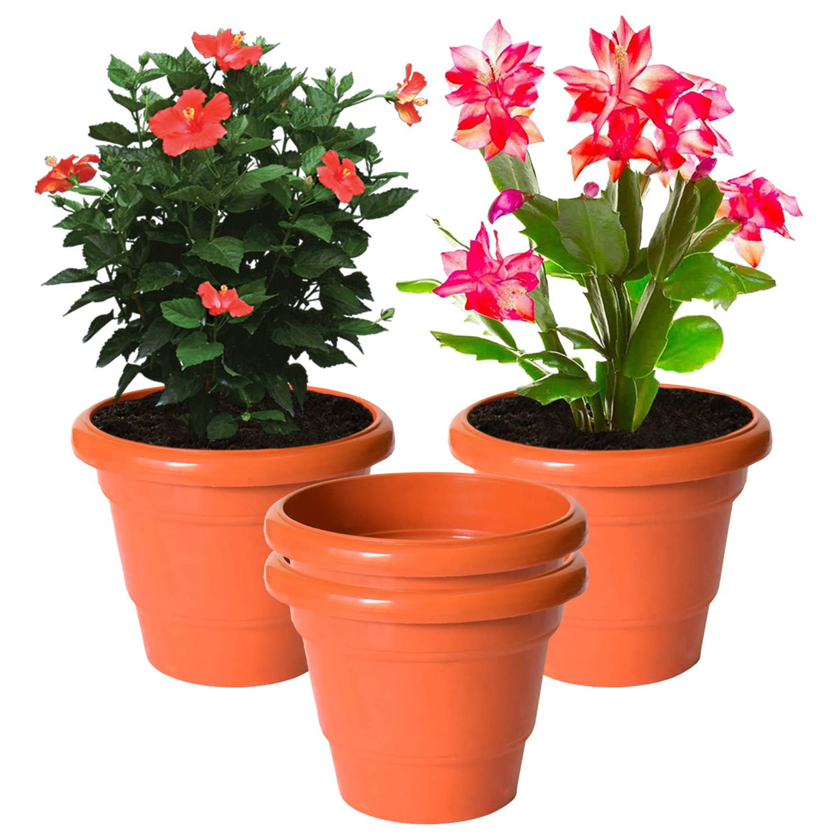 Kuber Industries Solid 2 Layered Plastic Flower Pot|Gamla for Home Decor,Nursery,Balcony,Garden,8"x 6",Pack of 4 (Orange)