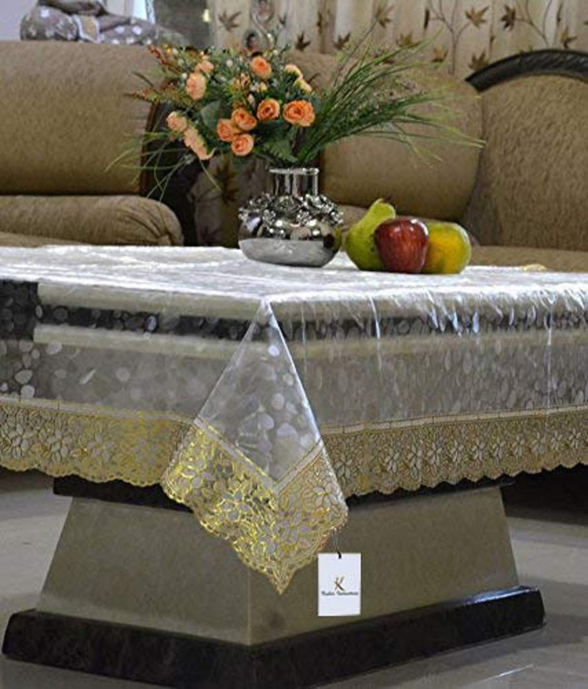 Kuber Industries PVC 4 Seater 3D Transparent Centre Table Cover - Golden, Standard (CTCOMPST15)