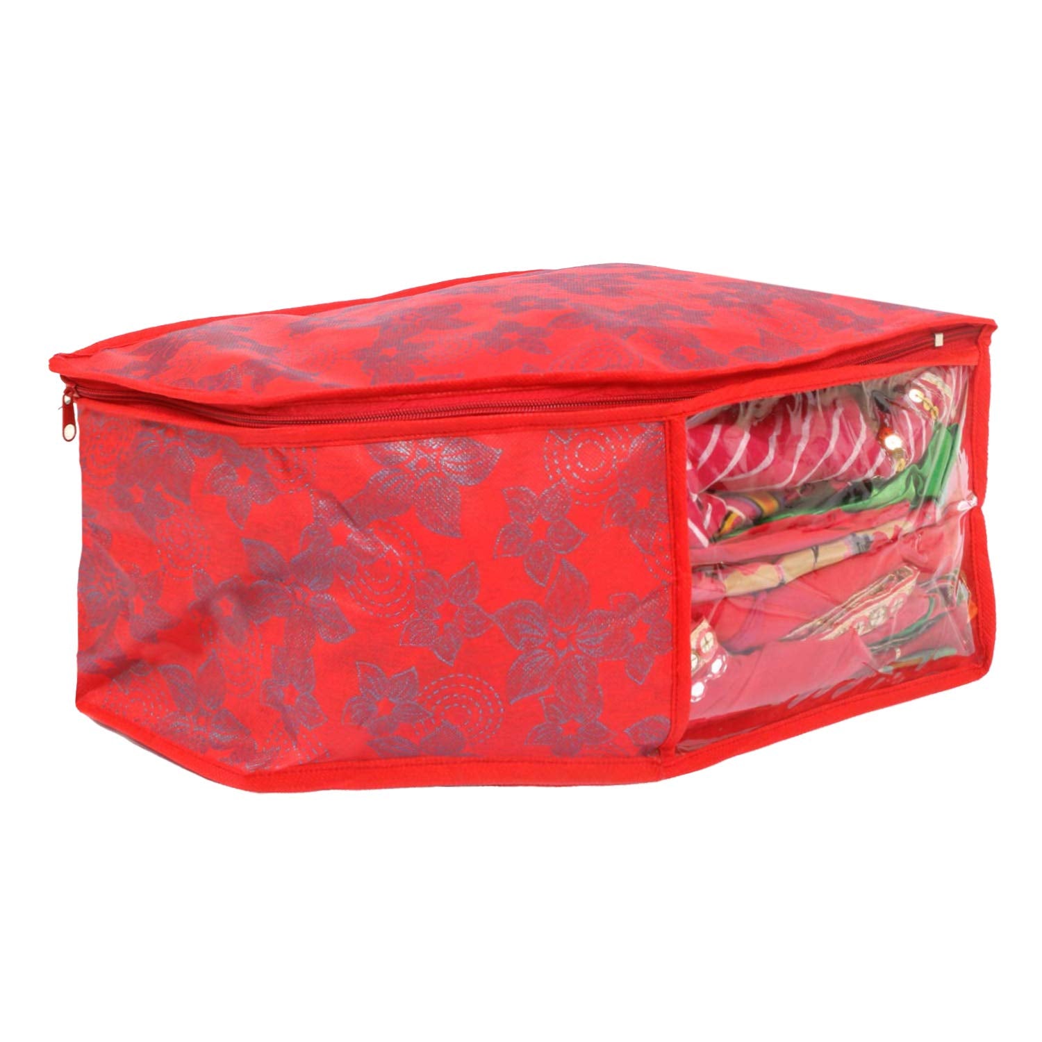 Kuber Industries Metallic Printed Non Woven 3 Piece Saree Cover/Cloth Wardrobe Organizer and 3 Pieces Blouse Cover Combo Set (Red) -CTKTC038409