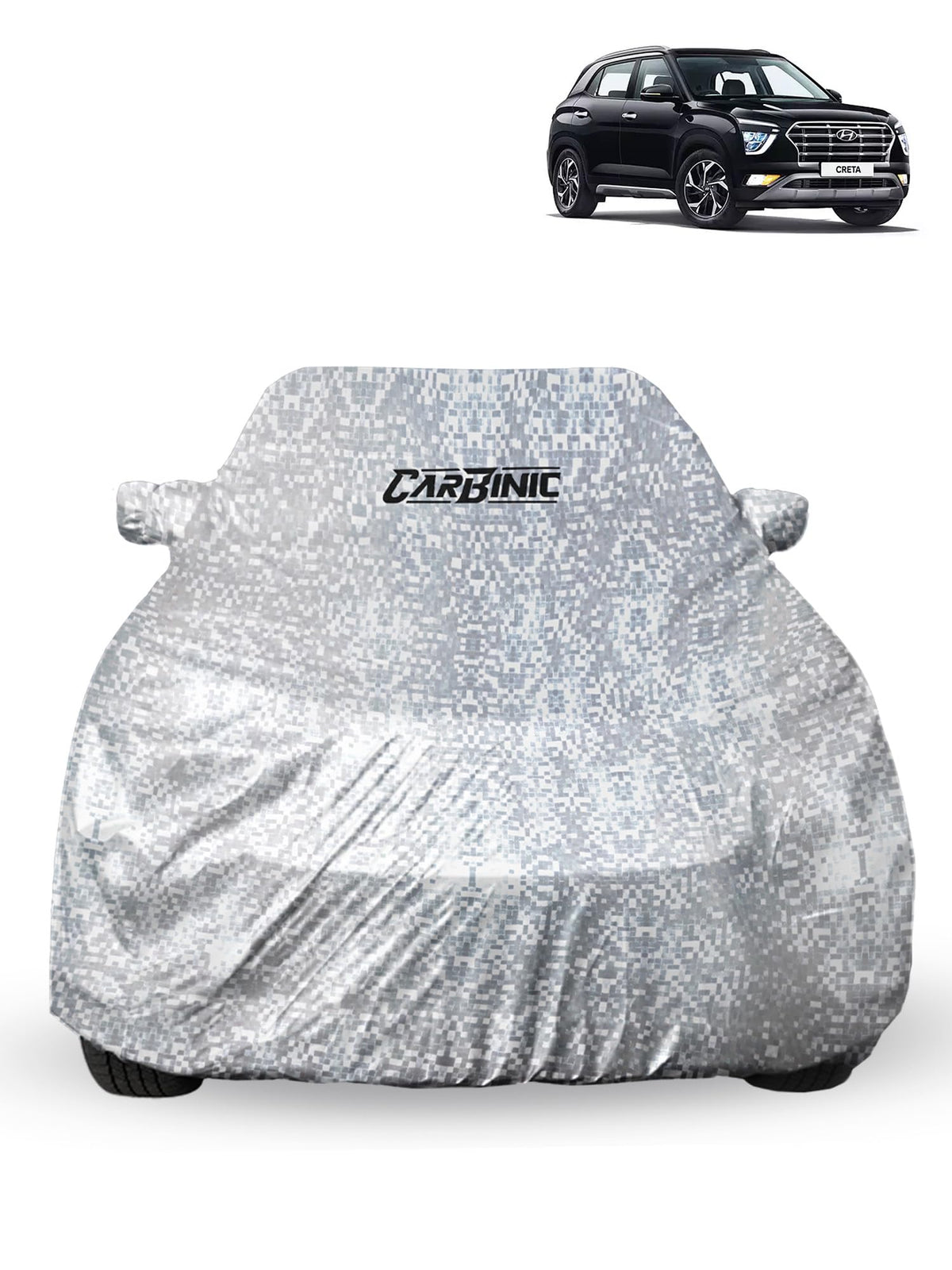 CARBINIC Car Cover for Hyundai Creta2020 Waterproof (Tested) and Dustproof Custom Fit UV Heat Resistant Outdoor Protection with Triple Stitched Fully Elastic Surface | Silver with Pockets