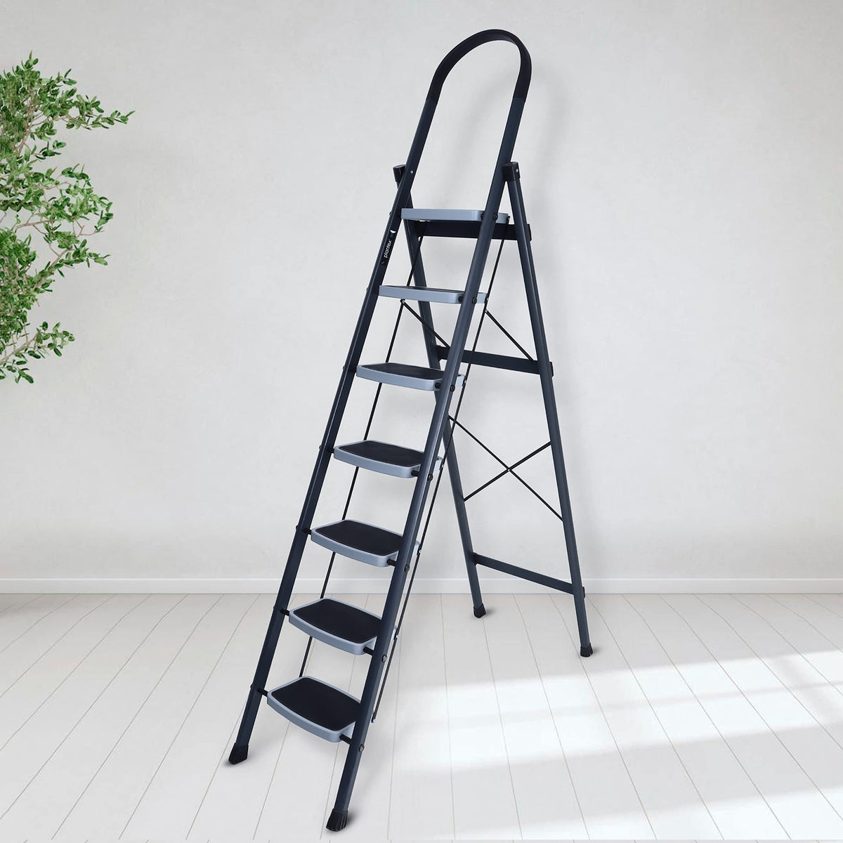 Plantex 7 Step Ladder-Foldable Steel -Wide Anti Skid Steps/5-Year Manufacturer Warranty(Grey & White)