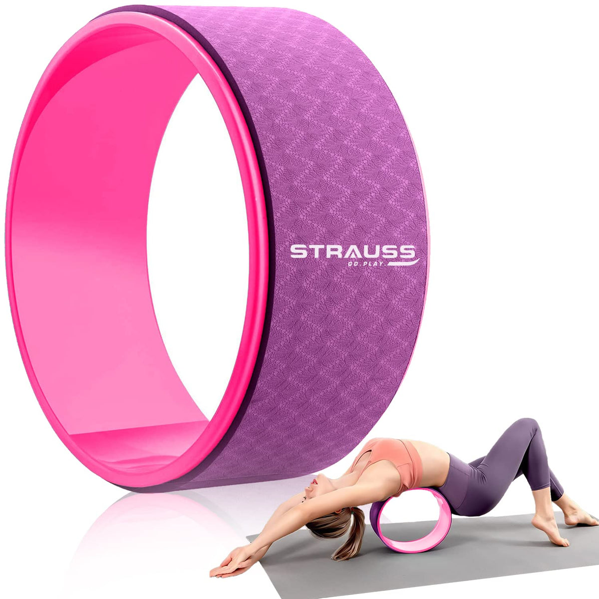 Strauss Yoga Wheel | Ideal for Stretching, Backbends, Exercise, Deep Tissue Massage & Back Pain Relief | Dharma Yoga Prop Wheel with Ultimate Comfort | 12-inch, (Purple)