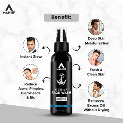 Man-Up Ocean Face Wash Essence of Aqua | For Acne, Black Heads, Pimple, Oily & Sensitive Skin | All Day Refreshing & Long-Lasting Freshness with Menthol for Men – 100ml