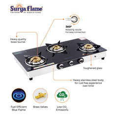 Surya Flame Supreme Gas Stove 3 Burners Glass Top | Stainless Steel Body | LPG Stove with Jumbo Burner & Spill Proof Design - 2 Years Complete Doorstep Warranty(Pack of 2)