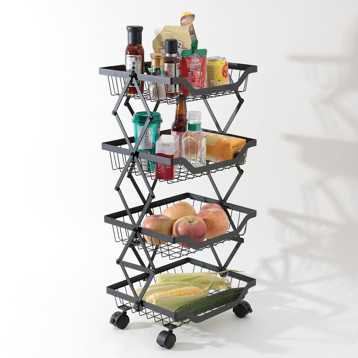 UMAI Collapsible Storage Organizer Baskets Four Layer | Kitchen Racks for Storage of Fruits & Vegetables | Foldable Storage | Kitchen Organizer Items and Storage | Black