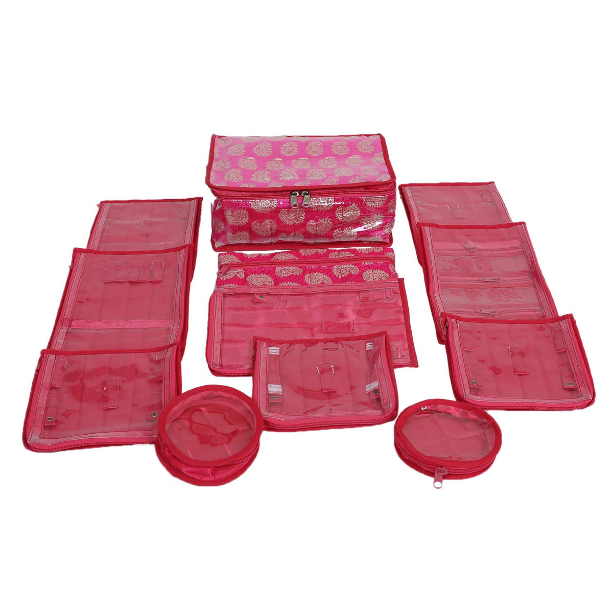 Kuber Industries Brocade Brocade Jewellery Kit with 12 Extra Pouches, Pink