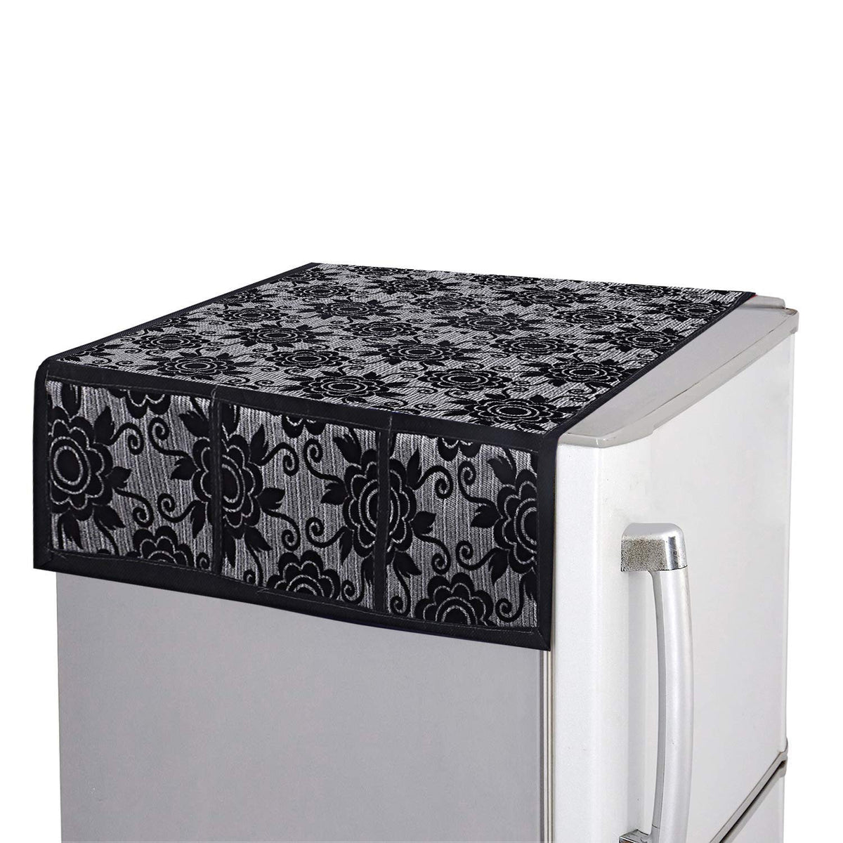 Kuber Industries Fridge Top Cover|Floral Print & Cotton Material|6 Utility Side Pockets with Plain Border|Size 94 x 54 CM, Pack of 1 (Black)