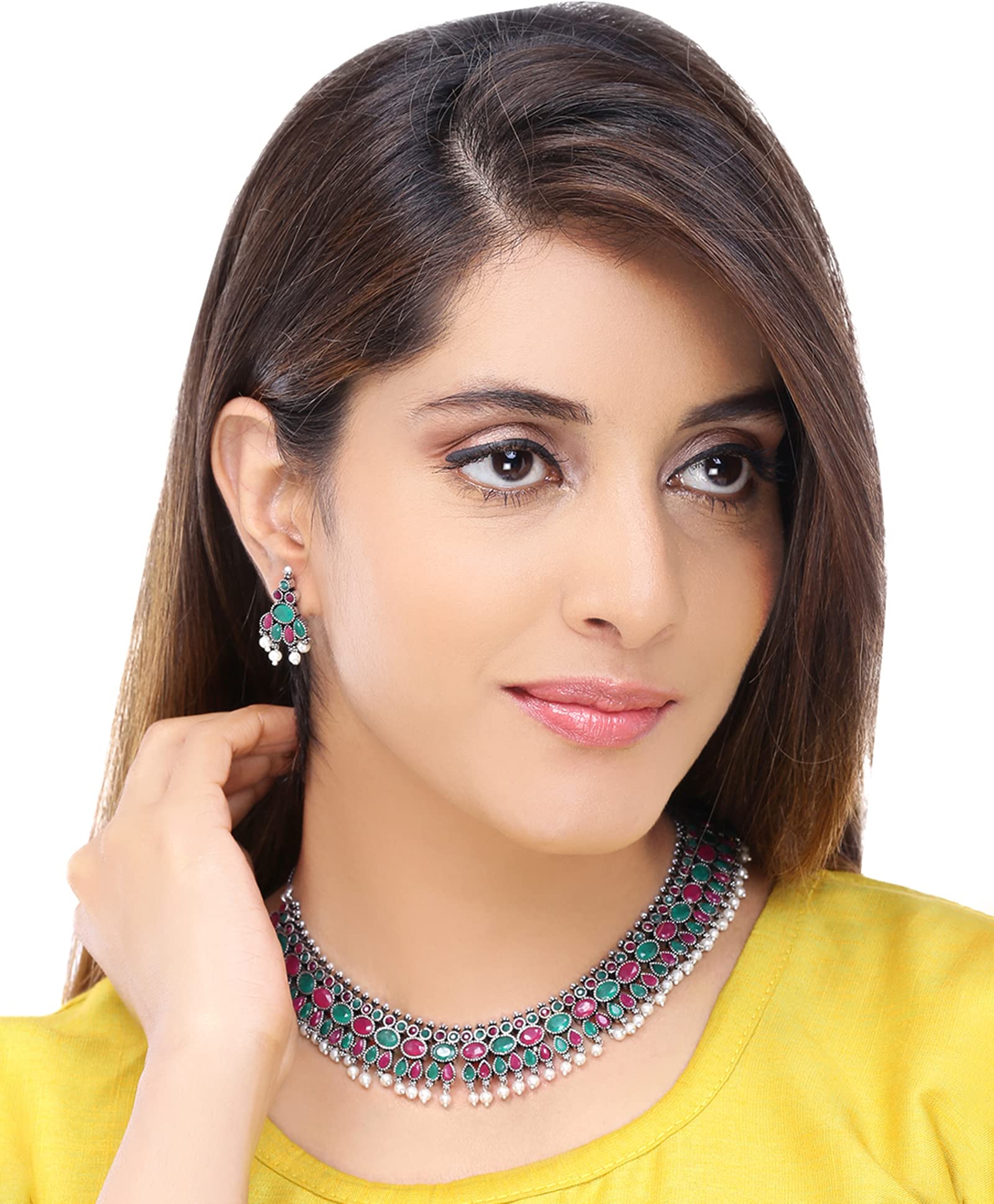 Yellow Chimes Jewellery Set for Women and Girls Traditional Silver Oxidised Jewellery Set Multicolor Choker Set | Studded Stone Choker Necklace Set for Women | Birthday Gift For Girls and Women Anniversary Gift for Wife