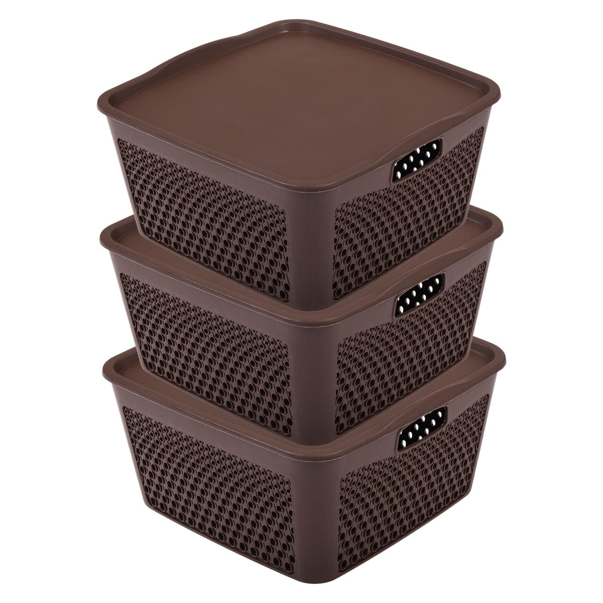 Kuber Industries Netted Design Unbreakable Multipurpose Square Shape Plastic Storage Baskets with lid Large Pack of 3 (Brown)