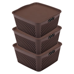 Kuber Industries Netted Design Unbreakable Multipurpose Square Shape Plastic Storage Baskets with lid Small Pack of 3 (Brown)