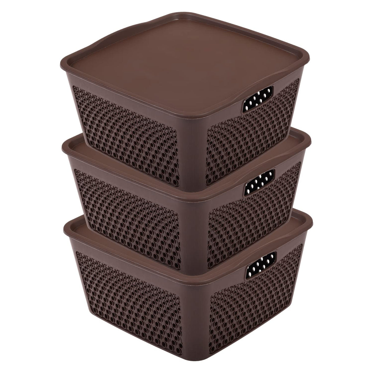 Kuber Industries Netted Design Unbreakable Multipurpose Square Shape Plastic Storage Baskets with lid Medium Pack of 3 (Brown)