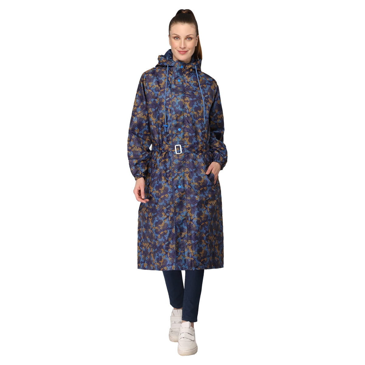 THE CLOWNFISH Juliet Series Raincoats for Women Rain Coat for Women Raincoat for Ladies Waterproof Reversible Double Layer Longcoat with Printed Plastic Pouch (Blue, XXL)