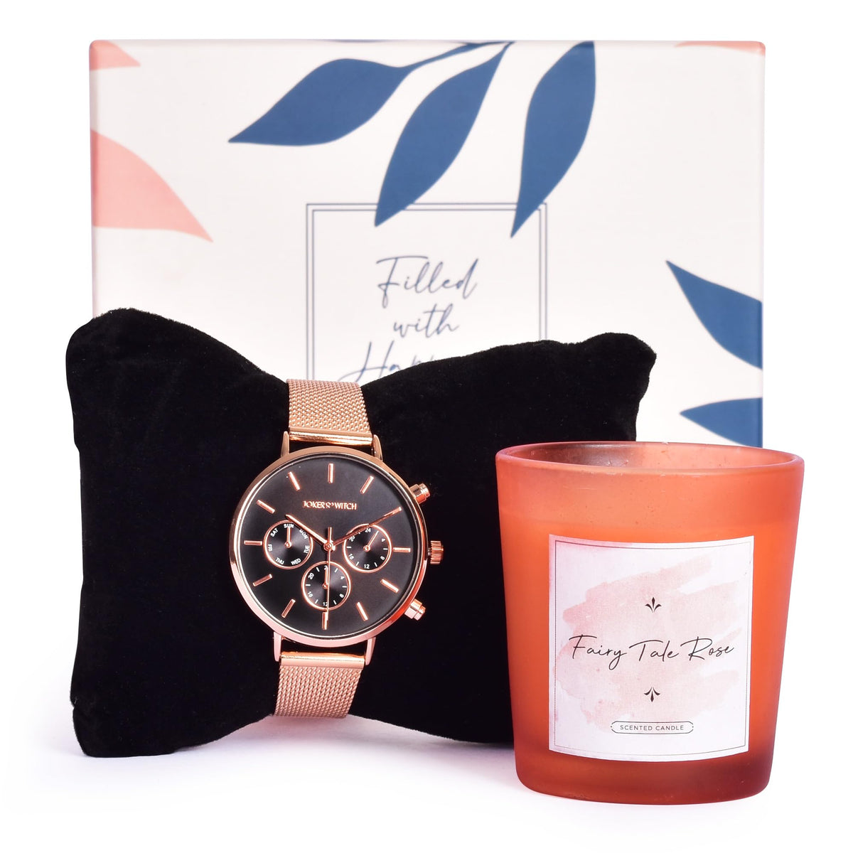 Gleevers Radiant Moments Gift for Women|Gift Box Pack of 2 with Rose Candle (60 gm) & Joker and Witch Watches for Women|Birthday Gift, Anniversary Gift, Valentine Gift, Secret Santa Gifts