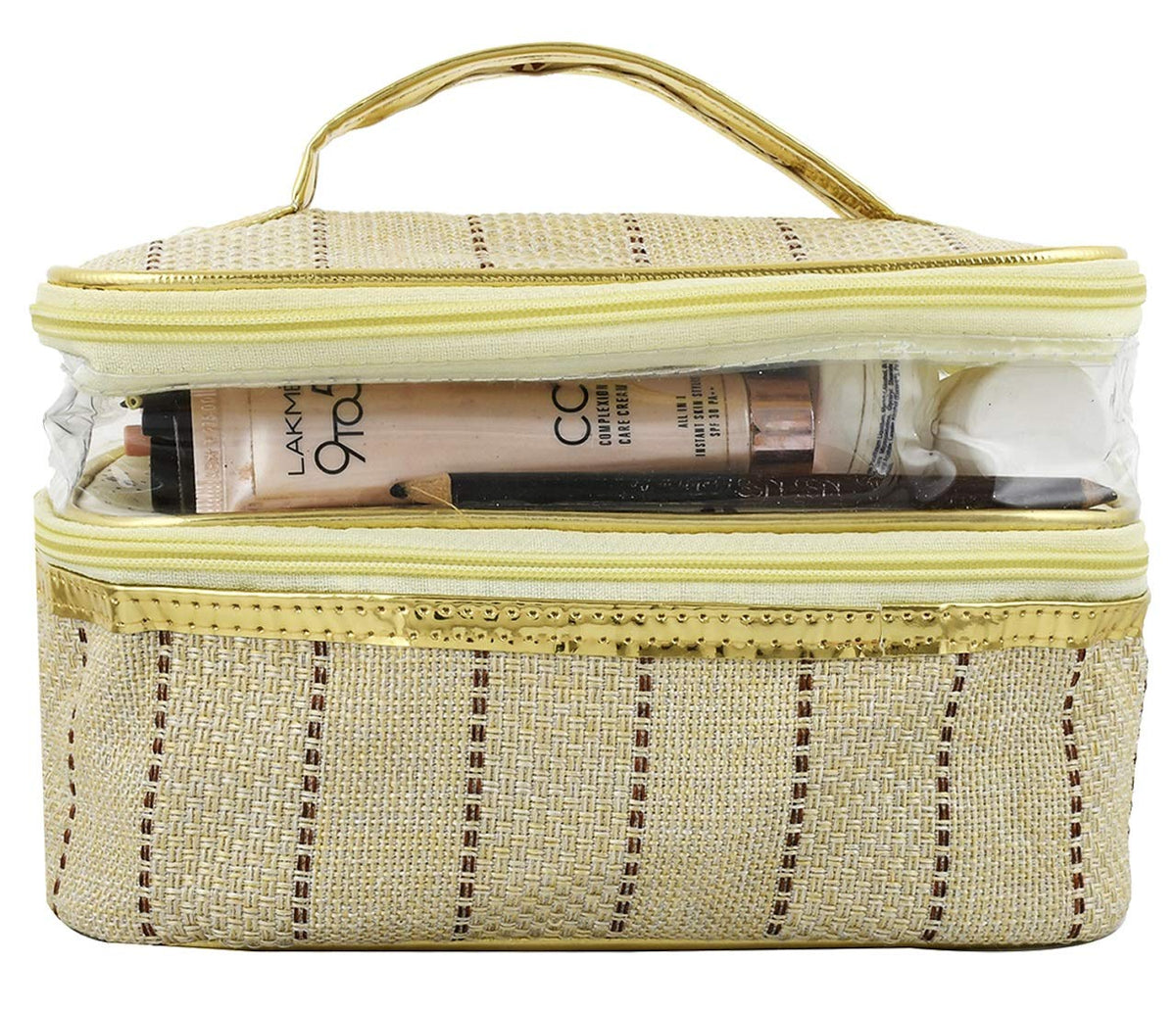 Kuber Industries 17 cms Exclusive Jute Design Make Up Kit Cum Cosmetic Kit, Jewellery Kit, Pouches for travel accessories (Cream) - CTLTC038975