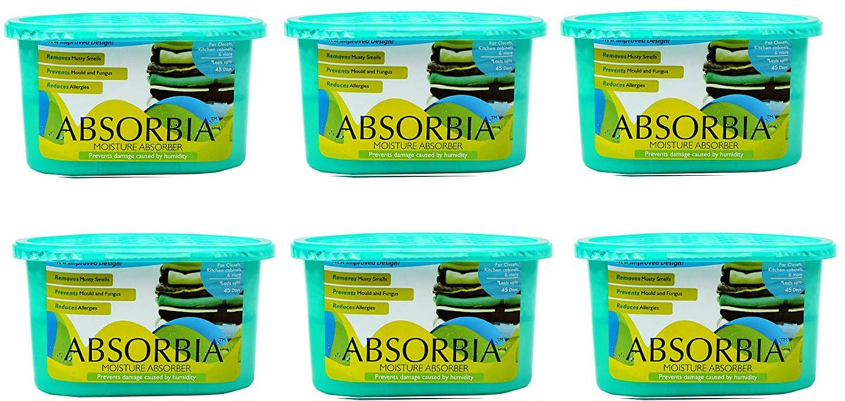 BLU by Absorbia | Moisture Absorber with Activated Charcoal | Saver Pack of 6 (200gms X 6 Boxes) | Absorption Capacity 400ml each Box | Dehumidifier for Small Storage Spaces