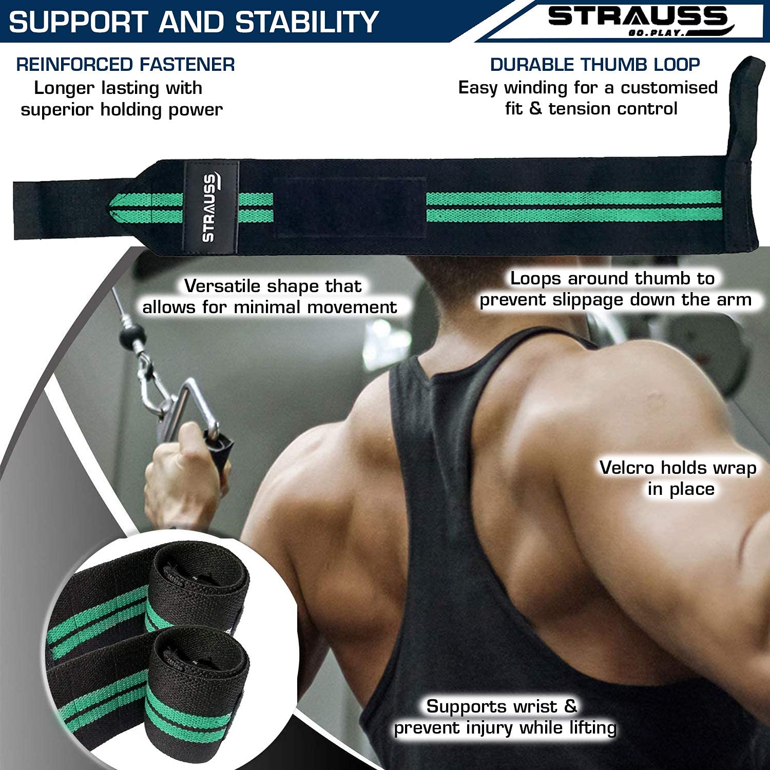 Strauss WL Cotton Wrist Supporter with Thumb Loop Straps & Closures for Gym, Workouts & Strength Training| Adjustable & Breathable with Powerful Velcro & Soft Material, (Black/Green)