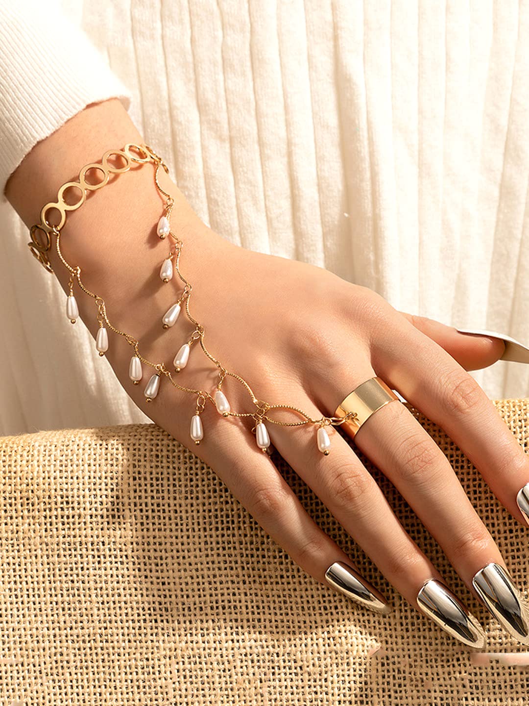 Chicque Boho Hand Chain Beaded Bracelet Finger Ring Hand Bracelet Hand  Jewelry for Women and Girls (Silver) : Amazon.in: Jewellery