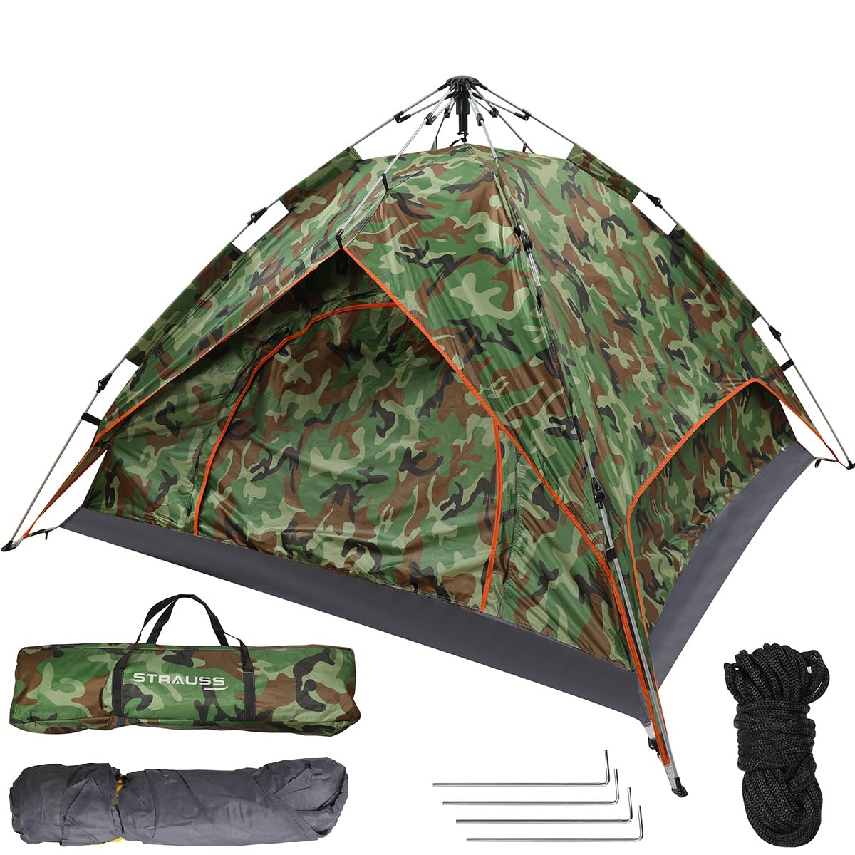 STRAUSS Portable Tent For Camping |5-10 Minutes Easy Setup| Ideal For Picnic, Hiking, Trekking|Waterproof and Windproof Tent for Camping |Superior Air Ventilation |Ideal For 4 Persons,(Military Color)