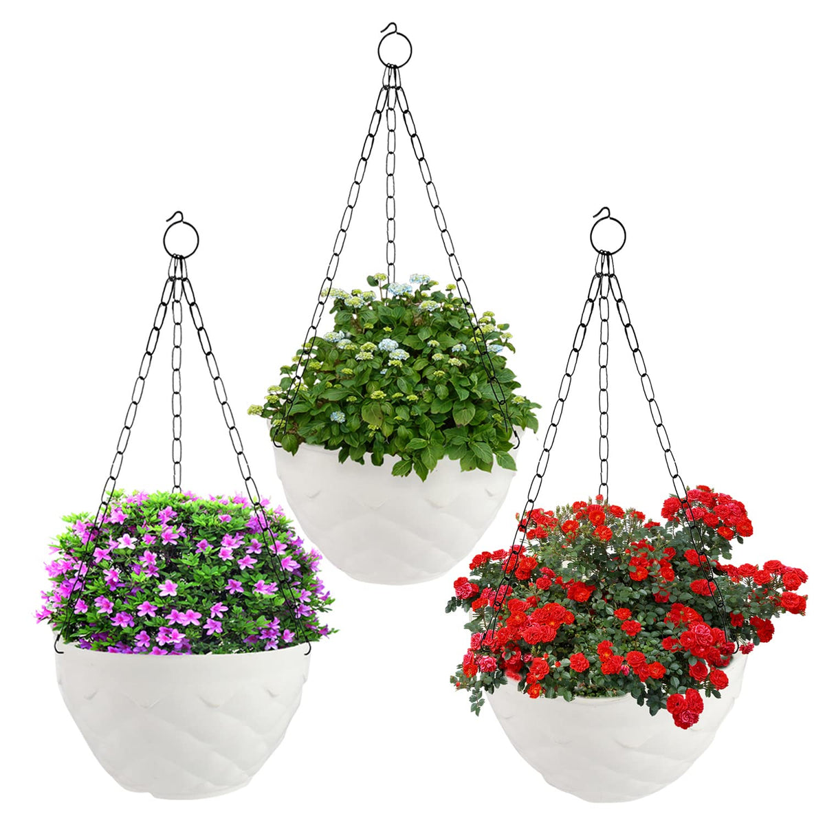 Kuber Industries Diamond Flower Pot|Durable Plastic Hanging Basket Flower Planter with Chain for Home|Garden|Balcony|Pack of 3 (White)