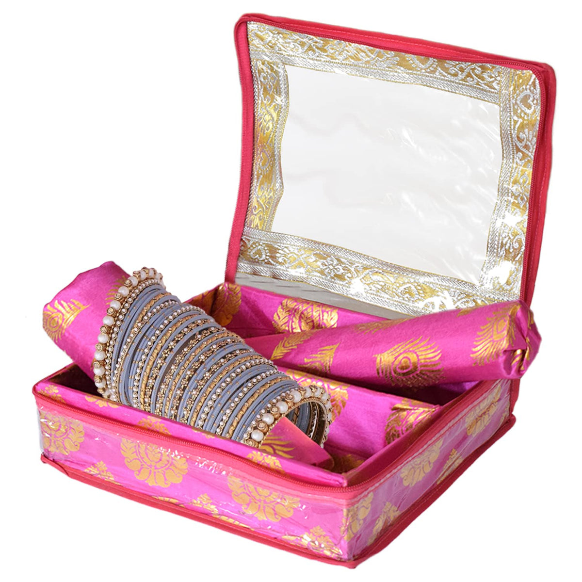 Heart Home Bareque Seamless Design Laminated 2 Rod Box, Organizer For Bangle, Watches, Bracelets, Jewellery With Tranasparent Top (Pink)-47HH0438