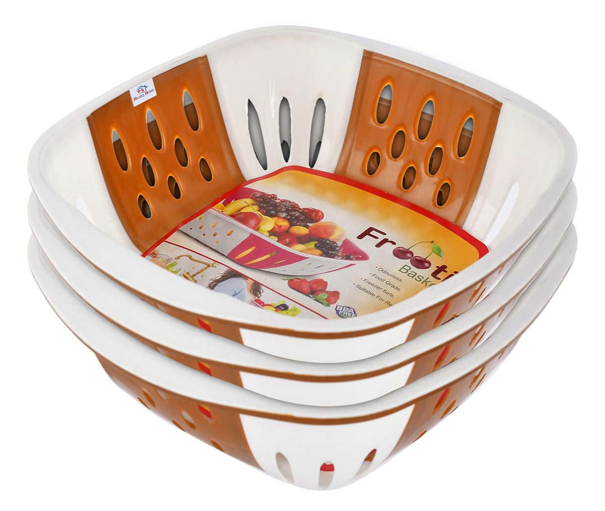 Heart Home Large Multi-Purpose Plastic Storage Baskets for Fruits Vegetables and Kitchen Fridge Dining Table- Pack of 3 (Brown)-HS42KUBMART25392
