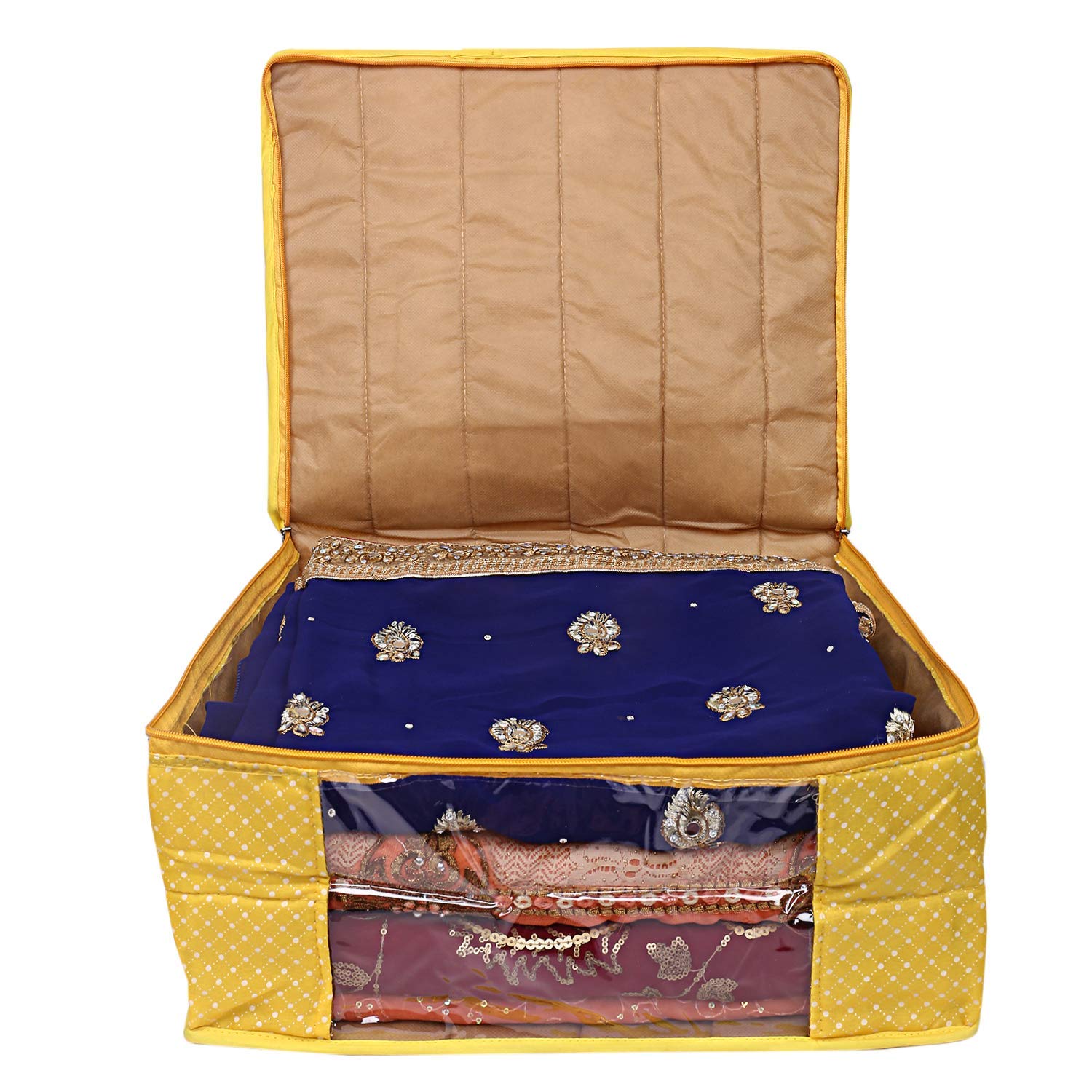 Kuber Industries Polka Dots 2 Pieces Cotton 3 Layered Quilted Saree Cover (Blue & Yellow) - CTKTC31117