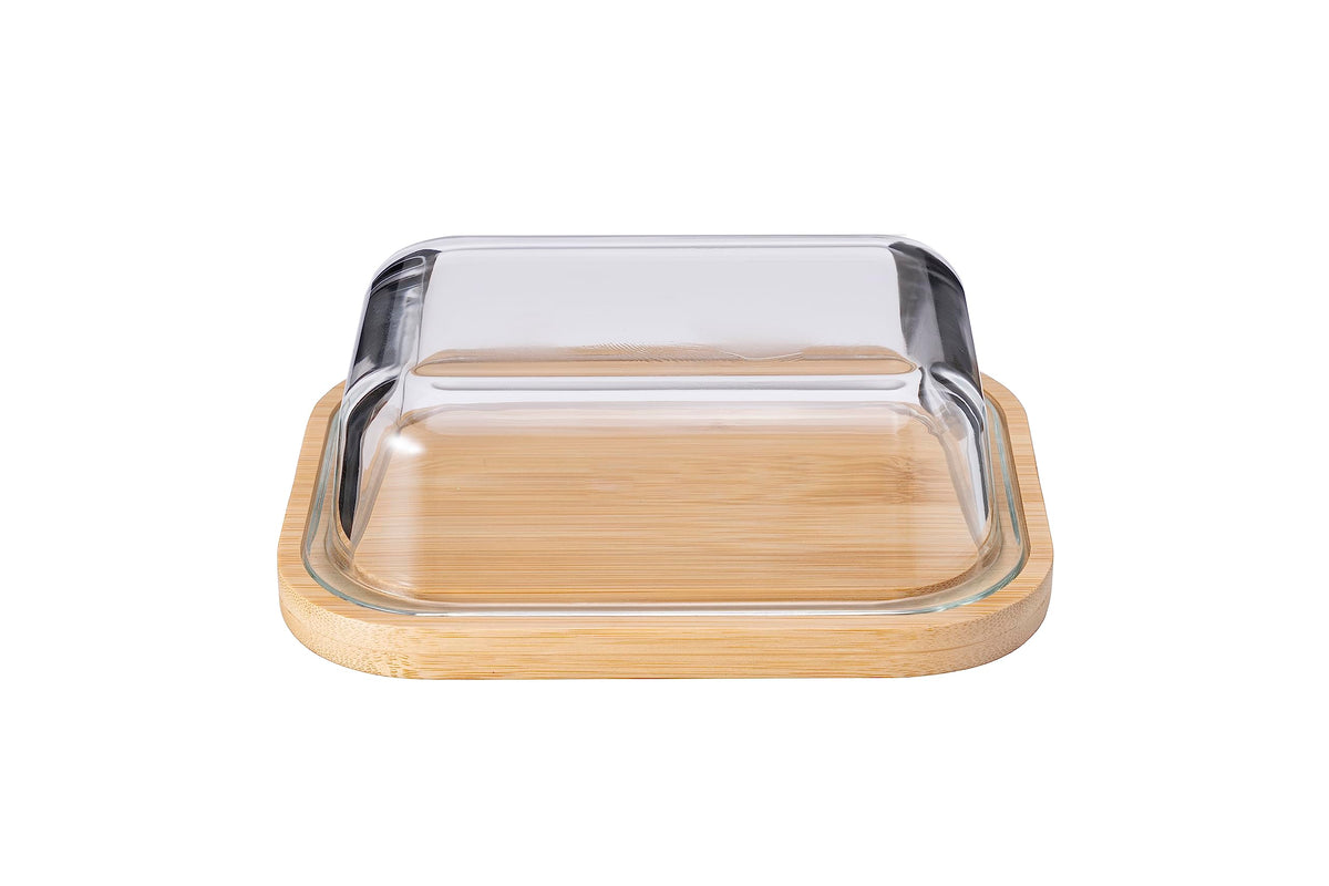 USHA SHRIRAM Borosilicate Glass Wooden Lid Butter Dish | Borsilicate Glass Container for Storage | Microwave Safe | Bamboo Butter Board | Container for Kitchen | Butter Tray (Brown)