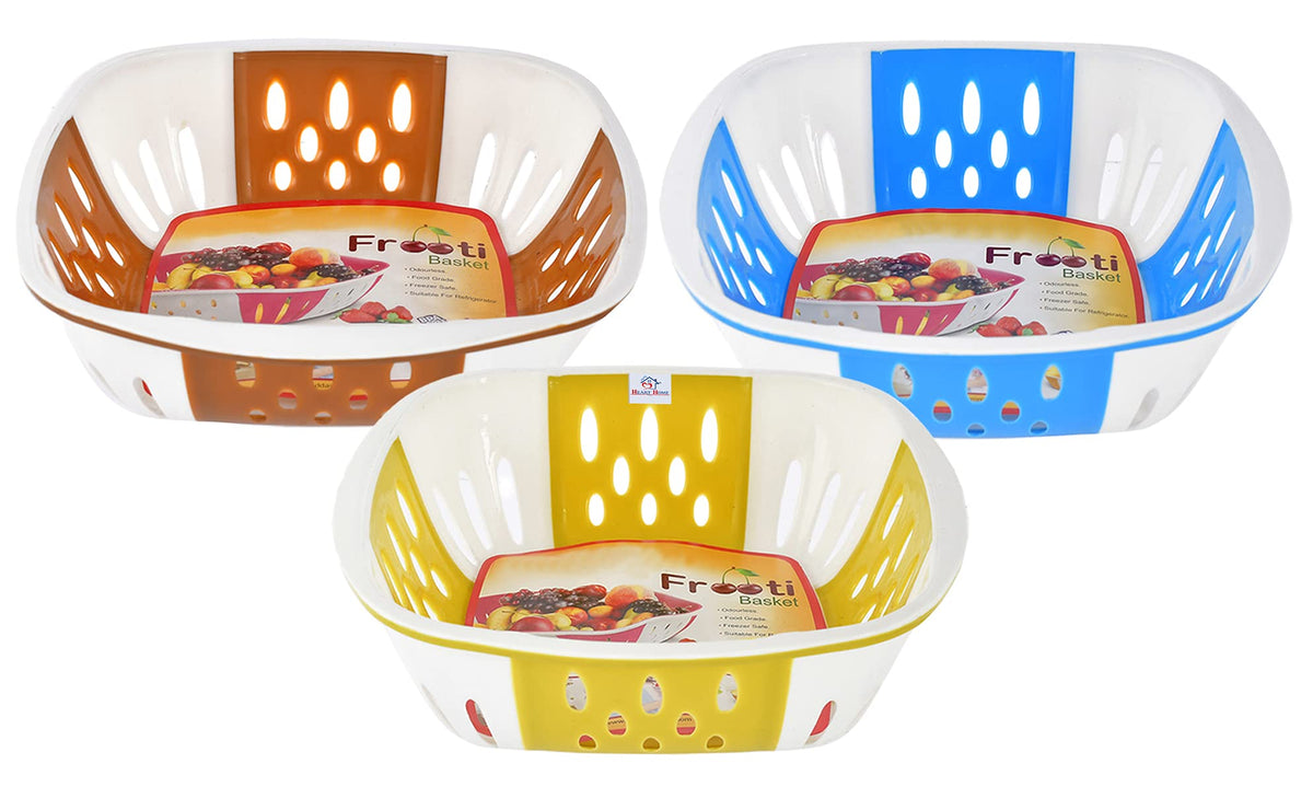 Heart Home Large Plastic Fruit, vegetable Storage Basket- Pack of 3 (Brown & Blue & Green)-HS42KUBMART25413