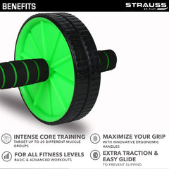 Strauss Double Wheel Ab & Exercise Roller | Anti-Skid Wheel Base, Non-Slip Stainless Steel Handles & Knee Mat | Ideal for Home, Gym workout for Abs, Tummy, (Green)