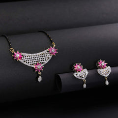 Yellow Chimes Classic Pink AD/American Diamond Studded Black Beads Designer Floral Mangalsutra Set with Earrings for Women