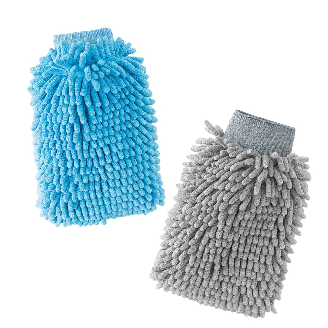 CARBINIC Microfiber Double-Sided Chenille Wash Mitt 1000 GSM - Super Soft, Ultra-Absorbent, Multipurpose and Double Sided Dusting Gloves for Car Cleaning | Blue & Grey