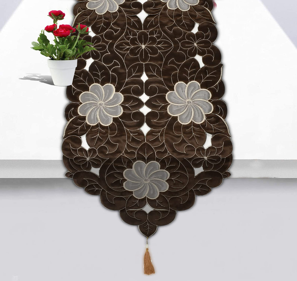 Kuber Industries Flower Embroidery Design Machine Washable Polyster Table Runner for Dining Table, 16"x68"inch (Brown)