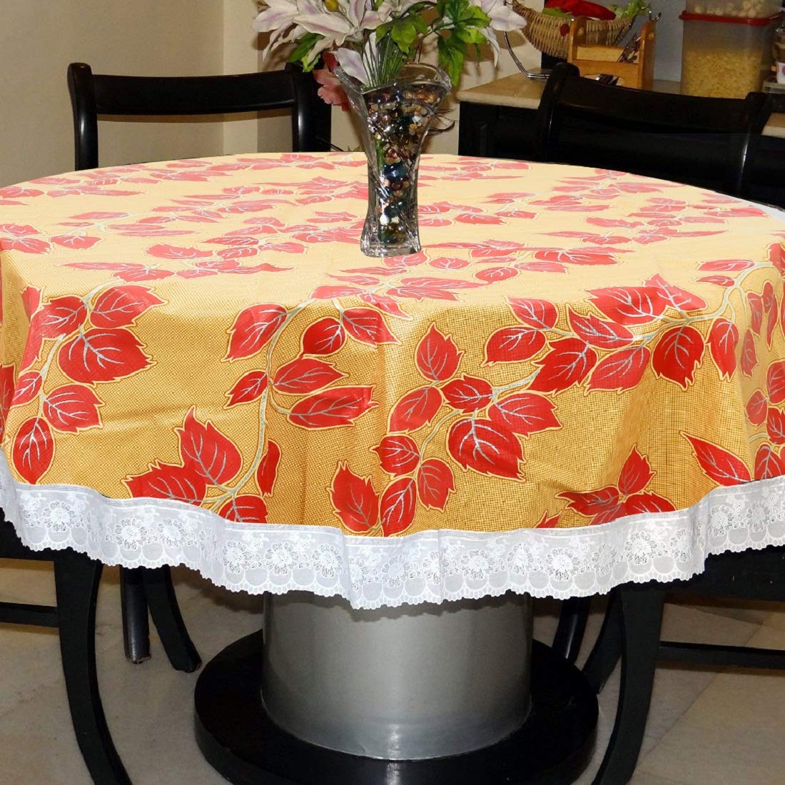 Kuber Industries Leaf Printed Waterproof Spillproof 72 Inch 6 Seater PVC Round Table Cover with Lace Border for Dining Room Kitchen Party (Gold), Standard, HS43KUBMART026595