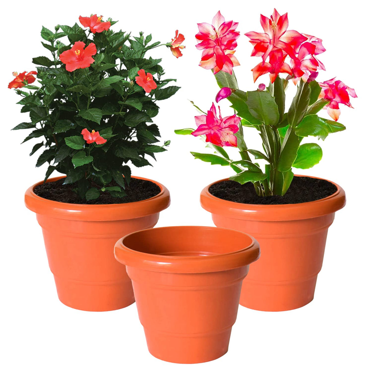 Kuber Industries Solid 2 Layered Plastic Flower Pot|Gamla for Home Decor,Nursery,Balcony,Garden,8"x 6",Pack of 3 (Orange)