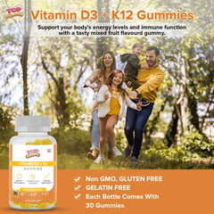 Top Gummy Vitamin D3 + K2 Gummies with Mixed Fruit Flavour| Supports Heart Health |Vitamin D3 & K2 Deficiency| Improves Bone Density - 30 Gummies, Gluten-Free, Gelatine-Free, Non-GMO